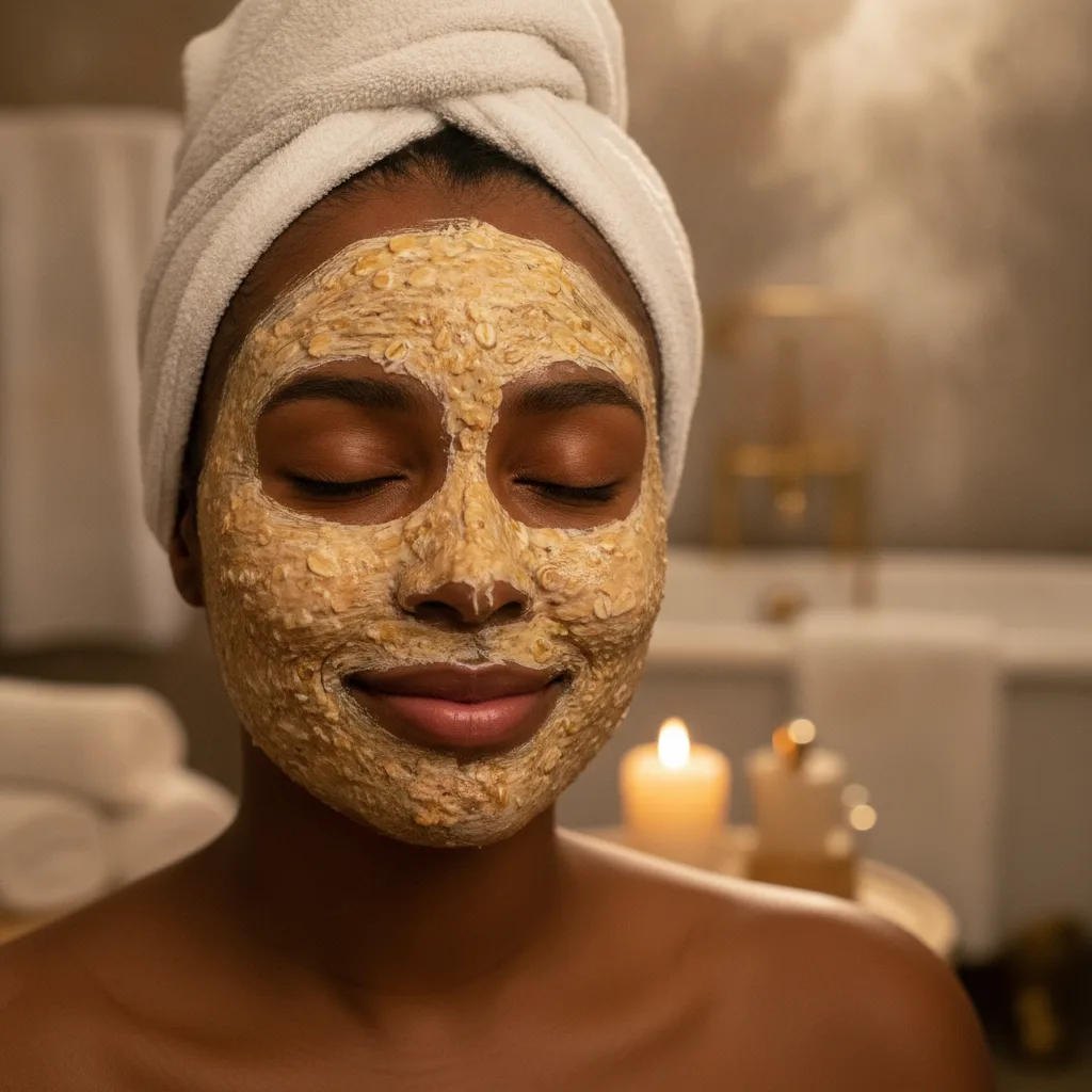 Woman with an oat and honey face mask smiling serenely