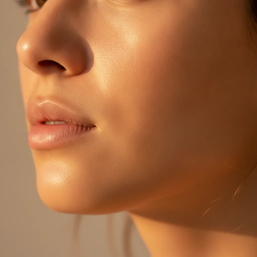 Close-up of a woman's glowing skin after a DIY honey serum