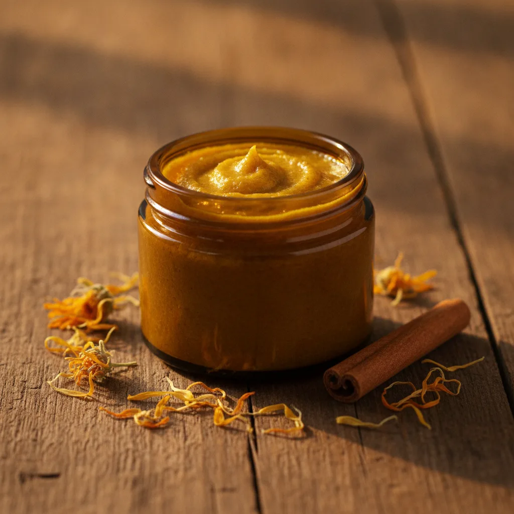 Jar of homemade turmeric and coconut oil body scrub