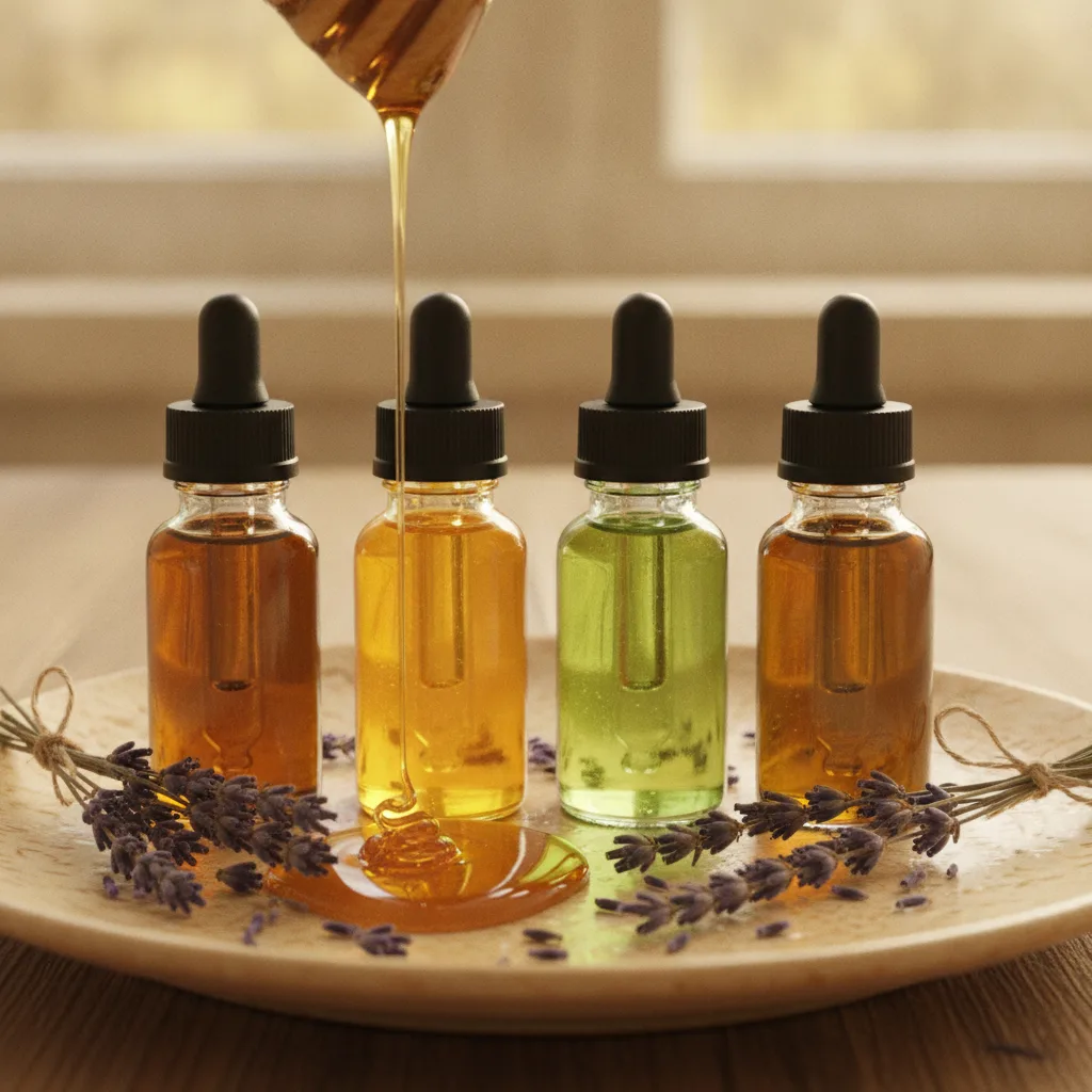 Sunlit countertop with lavender, honey drizzle, and glass bottles