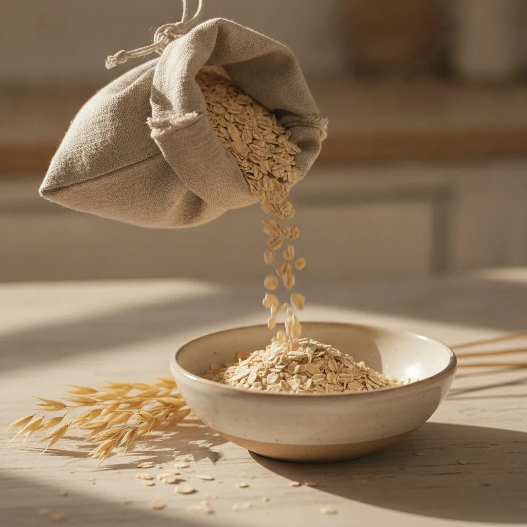Rolled oats in a ceramic bowl with soft light