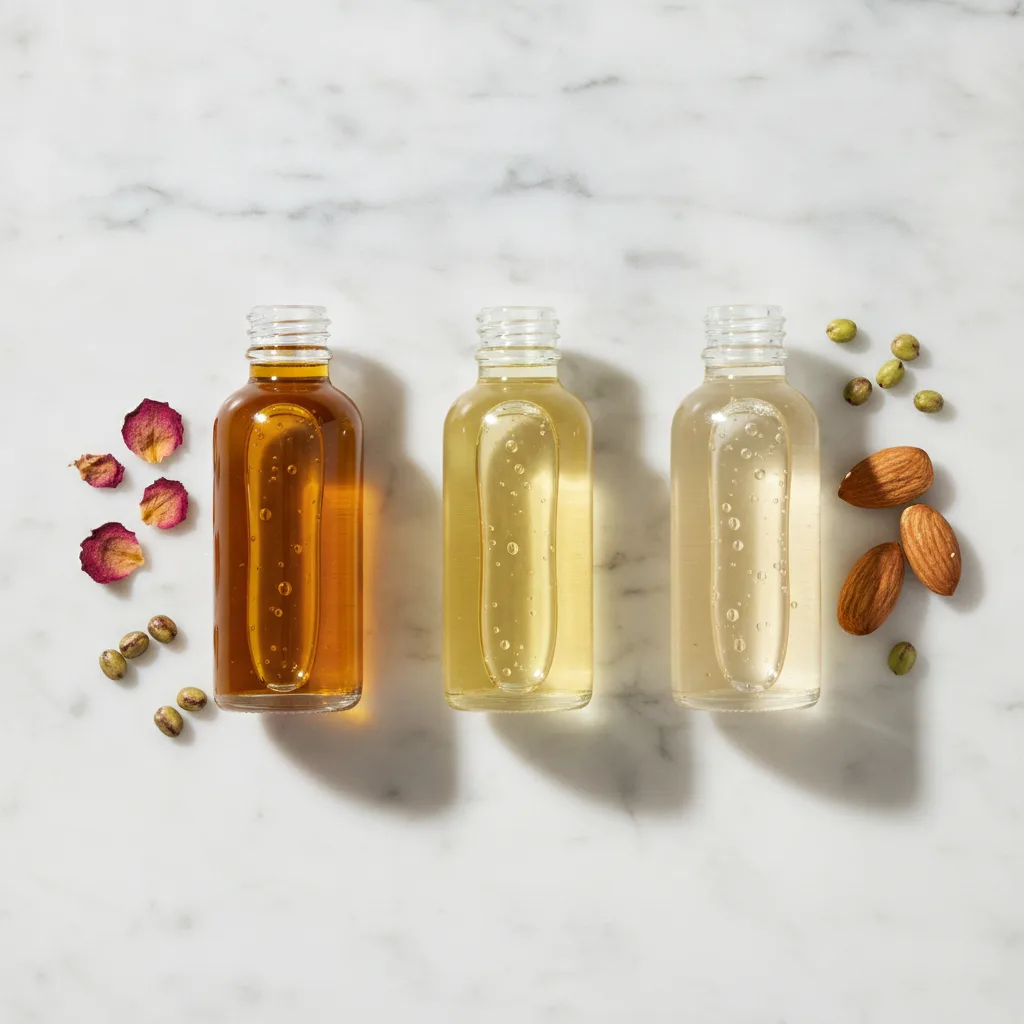 Small glass bottles of rosehip and jojoba oil on marble